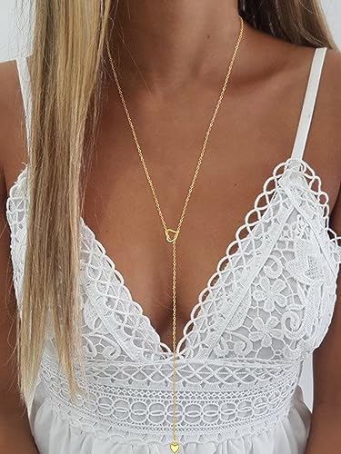 FOCALOOK Heart Lariat Necklaces for Women, Long Slip Chain Necklace | Hypoallergenic 316L Stainless Steel Silver/Black/Gold Plated, Front Slider Closure, Non Tarnish, Layered look, Everyday Wear - color: 03:Gold Heart