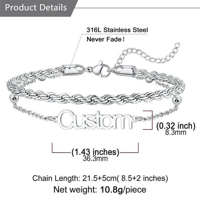 U7 Custom Layered Ankle Bracelets for Women Stainless Steel Bead/Cuban/Figaro/Rope/Wheat Chain Anklet Waterproof Anklet Jewelry for Beach Vacation - color: b-Silver-Rope Chain