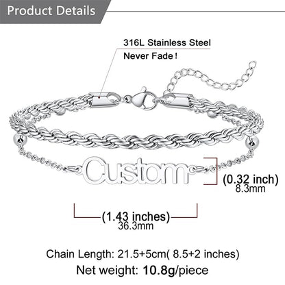 U7 Custom Layered Ankle Bracelets for Women Stainless Steel Bead/Cuban/Figaro/Rope/Wheat Chain Anklet Waterproof Anklet Jewelry for Beach Vacation - color: b-Silver-Rope Chain