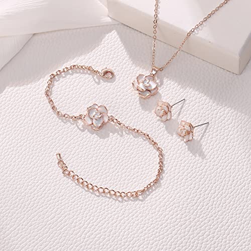EleQueen Rose Flower Necklace Earrings Bracelet Set for Women - color: White-Rose Gold