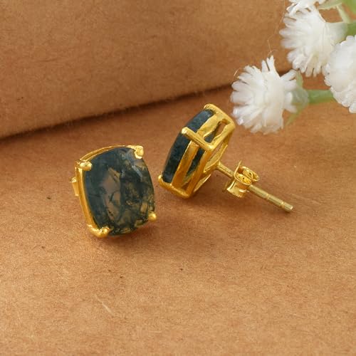 Women's 18K Gold Plated 8x10mm Princess Cut Gemstone Stud Earrings – Birthstone Jewelry for Her – Classic Cushion Studs - color: Moss Agate