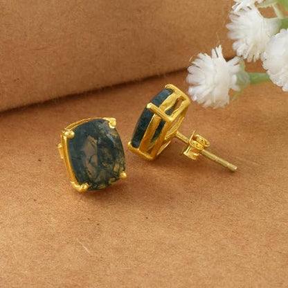 Women's 18K Gold Plated 8x10mm Princess Cut Gemstone Stud Earrings – Birthstone Jewelry for Her – Classic Cushion Studs - color: Moss Agate