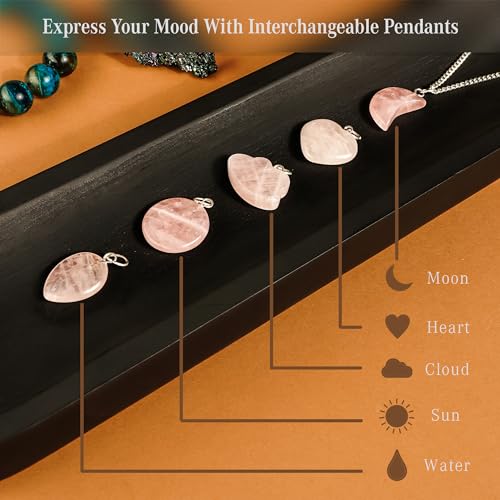 KARMAPLEDGE Crystal Necklace Birthday Gifts for Women, Chakra Healing, Protection, Balance, Rose Quartz Stones Heart, Moon, Sun, Cloud, Tear Drop Shaped Crystal Pendant Set of 5 - color: Rose Quartz Set of 5, size: Combos