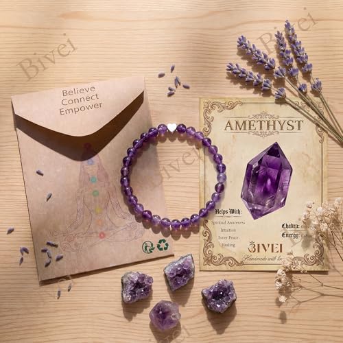 Bivei Crystal Stretch 6mm Bracelets for Women | Handmade Natural Stone Beaded Stretch Bracelet, Stainless Steel Heart Bead, Tranquility Yoga Gift Jewelry for Women - color: Amethyst - Tranquility