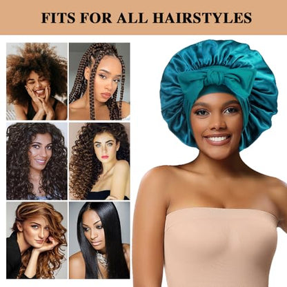 2+3 Large Satin Bonnets with Scrunchies for Women, Hair Bonnet Sleeping Tie Bonnet for Braids Curly Hair - color: B - Black, Teal