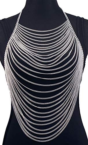 CHRAN Multi-Layer Body Chain Necklace, Gold Metal Chain Halter Top Jewelry, Sexy Chest Chain Accessory for Women - color: silver