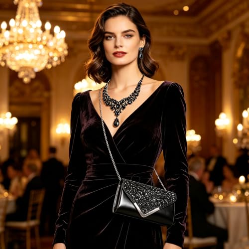 NEWITIN 5 Pieces Purse Rhinestone Jewelry Set for Women Prom Jewels Crystal Clutch Purse Watch Necklace Earrings Silver Jewelry Set for Women Bride - color: Black