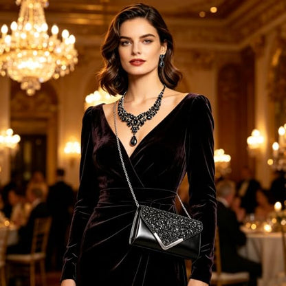 NEWITIN 5 Pieces Purse Rhinestone Jewelry Set for Women Prom Jewels Crystal Clutch Purse Watch Necklace Earrings Silver Jewelry Set for Women Bride - color: Black