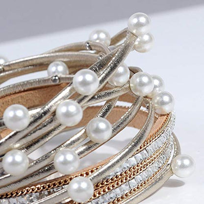 Artilady Leather Wrap Bracelet for Women, Pearl Beaded Bangle Stack Jewelry | Easy on-off, Elegant Handmade Multi-Layered, Daily Casual Date Beach Vacation, Gift for Ladies, Mother, Sister & Friend - style: Gold