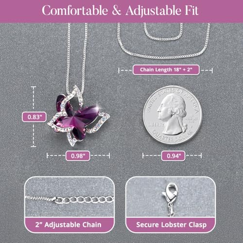 Butterfly Necklace, Birthstone Crystal, for Women, Silver Tone Pendant Jewelry, Anniversary Birthday Gift for Her, Wife & Mom, 18"+2" - color: 02a-February Birthstone - Amethyst Dark Pink Crystal