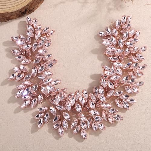 Missgrace Women Silver Green Black Red Blue Handmade Full Crystal Rhinestone Large Headband Hair Vine Shinny Headpiece Bridal Wedding Hair Accessories for Women (Rose gold pink) - color: Rose gold pink