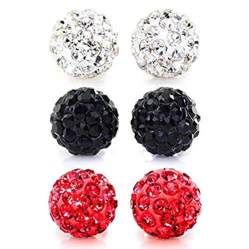 JewelrieShop Rhinestones Crystal Ball Stud Earrings Set Fireball Disco Ball Pave Bead Earrings Hypoallergenic for Women - color: Set N. 8mm x 3 Pairs (White, Jet Black, Siam Red)