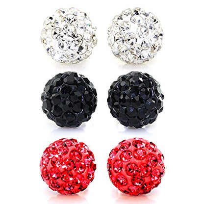 JewelrieShop Rhinestones Crystal Ball Stud Earrings Set Fireball Disco Ball Pave Bead Earrings Hypoallergenic for Women - color: Set N. 8mm x 3 Pairs (White, Jet Black, Siam Red)