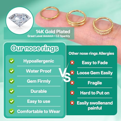 davka Nose Ring Set, 18G Hinged Hoop 8mm & 20G Nose Studs, Stainless Steel & Gold Plated, Hypoallergenic, Multiple Styles Nose Piercing Jewelry - color: Gold/3Pcs Hoops/18gauge 8mm/Set A