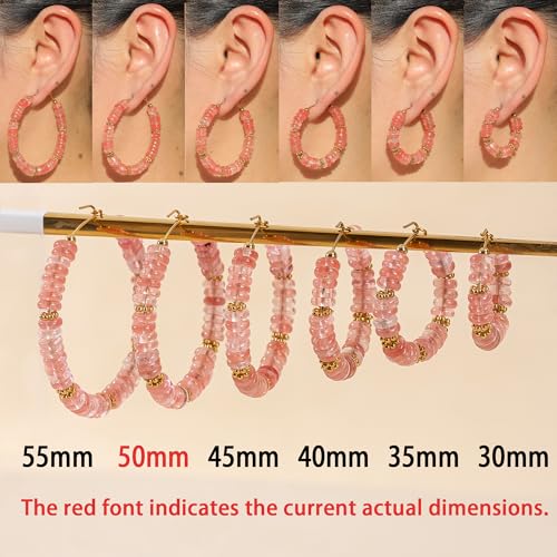 Wellike Beaded Hoop Earrings for Women Natural Stone Pink Gold Huggie Earrings Hypoallergenic Dainty Waterproof Trendy Jewelry - color: Rose Pink, size: 50mm
