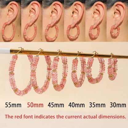 Wellike Beaded Hoop Earrings for Women Natural Stone Pink Gold Huggie Earrings Hypoallergenic Dainty Waterproof Trendy Jewelry - color: Rose Pink, size: 50mm