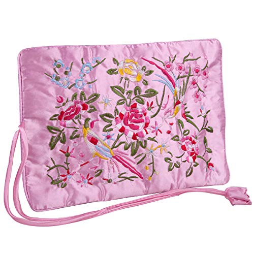 TUMBEELLUWA Embroidery Travel Jewelry Bag Roll Embroidered Flower and Bird Brocade Organizer with Tie Close - color: #4 Pink
