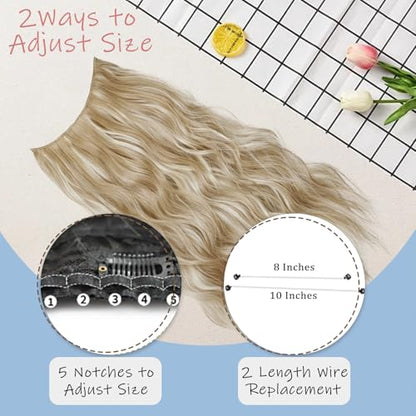 Beige Blonde Halo Hair Extensions with Light Blonde Highlights | 20 Inch Wavy Synthetic Fiber with Invisible Wire and 4 Secure Clips for Easy Daily Styling and Party Wear - color: Blonde Highlights