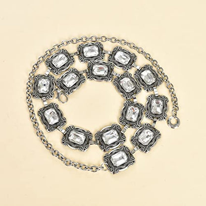 ILuvatar Green Glass Diamond Chain Belt - Metal Women's Western Style Dress Belt - color: Silver-70