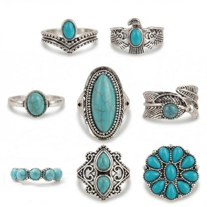 Airvess Vintage Knuckle Rings Set, Chunky Turquoise Stackable Rings, Silver Joint Finger Stacking Rings, Bohemian Western Jewelry for Women - style: 8 Pcs-1