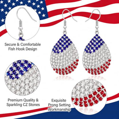 Go Ho 4th of July Earrings for Women, American Flag Red White and Blue Sparkly Crystal Dangle Earrings, Patriotic Jewelry Accessories - color: Teardrop