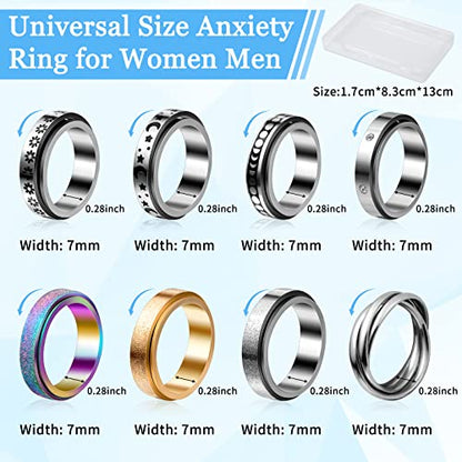 Cruzix 12Pcs Anxiety Fidget Rings for Women, Stainless Steel Spinner Rings Moon and Star Bead Band Ring Adjustable Open Ring Sunflower Fidget Rings for Men Teens Anti Stress Gift, Size 7-10