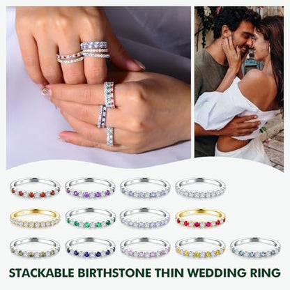 Birthstone Rings Eternity Band 925 Sterling Silver/Yellow Gold-Plated Created Gemstone Stackable Wedding Band 2.7mm Thin Half Eternity Rings for Women Size 6 to 10 - color: 01-Garnet-Jan.