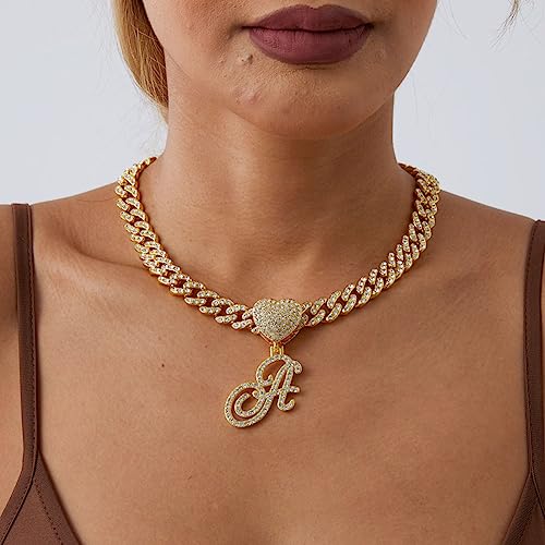 Initial Necklaces Silver Cuban Link Chain for Women Iced Out Chain with Heart Letter Pendants Custom Chain Name Necklace Hip Hop Jewelry Gift - color: K Gold