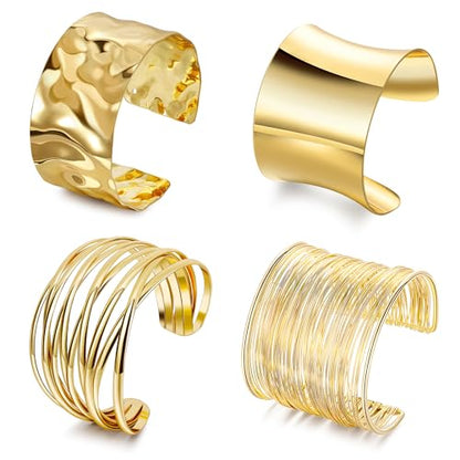 4Pcs Chunky Gold Cuff Bracelects for Women Gold Bangles Irregular Minimalist Statement Bangle Bracelets Set Open Wide Bangle Upper Arm Cuff Jewelry - color: Gold-A