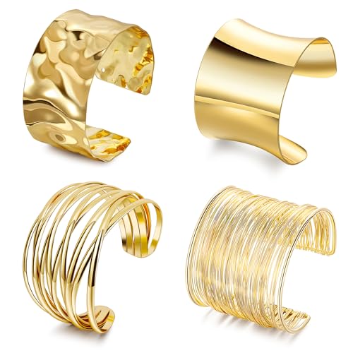 4Pcs Chunky Gold Cuff Bracelects for Women Gold Bangles Irregular Minimalist Statement Bangle Bracelets Set Open Wide Bangle Upper Arm Cuff Jewelry - color: Gold-A
