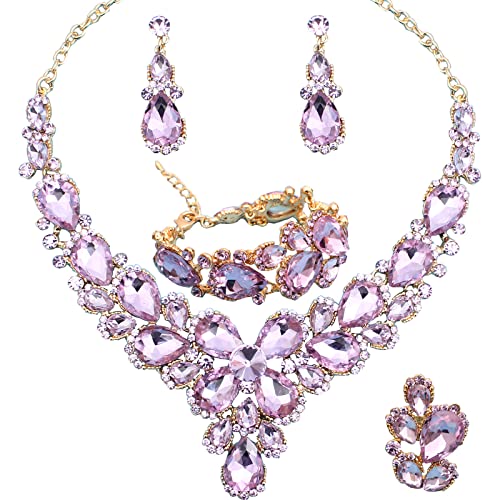 Women's Wedding Bridal Austrian Crystal Glass Teardrop Statement Necklace Dangle Earrings Bracelet Ring Wedding Party Jewelry Set for Bridal Bridesmaid - color: Violet-Gold Plated