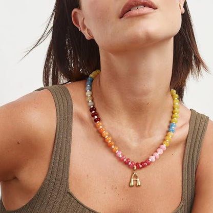 KissYan Initial Necklaces for Women, Colorful Beaded Gemstone Choker 14K Gold Bubble Letter Pendant Necklace Natural Stone Summer Beach Handmade Jewelry Gift - color: Red, style: Letter T