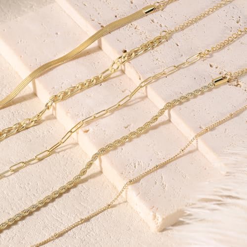MOINSPIRE Bracelets for Women Non Tarnish, Dainty 18K Gold Plated Bracelets Stack Trendy Waterproof Stackable Bangles, Cuban Link Paperclip Chain Jewelry Set Fashion Accessories Gifts for Women - color: A3-Gold 5pc Bracelets