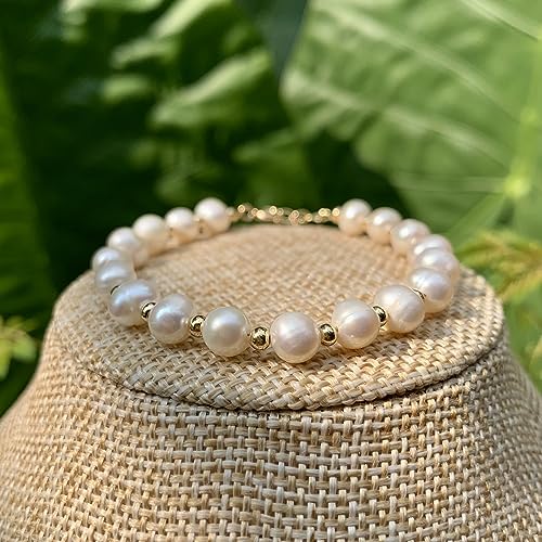 Natural White Pearl Beaded 14k Gold Filled Wire Wrapped Bracelet, Healing Birthstone Adjustable Bangle Cuff. Gift for Women