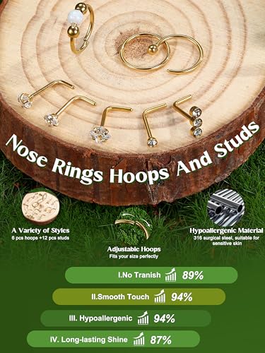 Jstyle Nose Rings for Women Men Surgical Steel Nose Hoops L Studs 18G/20G | Hypoallergenic Nostril Jewelry, Implant Grade Septum, Lip, Helix, Cartilage Piercing Jewelry with CZ, Opal, Snake Gold/Silver - color: 14K Gold, size: 18G
