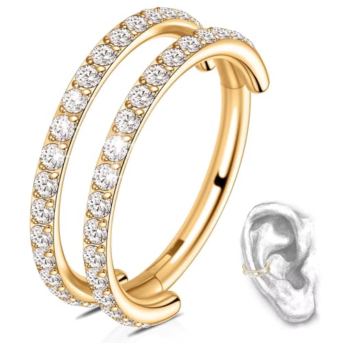 G23 Titanium Conch Piercing Jewelry Hoop: 16G 8mm/10mm/12mm Diamond Cartilage Earring Helix Double Piercing Hoop Septum Rings Hypoallergenic Nose Rings Hinged Segment Clicker Lip Rings Rook Daith Tragus Earrings - color: Gold-Double Layers, Two Rows CZ