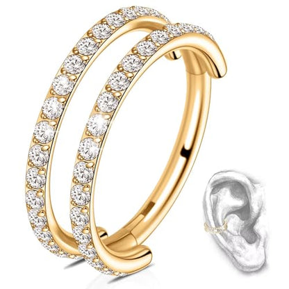 G23 Titanium Conch Piercing Jewelry Hoop: 16G 8mm/10mm/12mm Diamond Cartilage Earring Helix Double Piercing Hoop Septum Rings Hypoallergenic Nose Rings Hinged Segment Clicker Lip Rings Rook Daith Tragus Earrings - color: Gold-Double Layers, Two Rows CZ