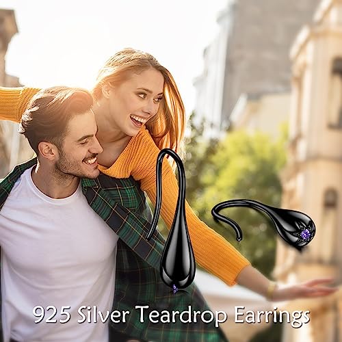 Pull Through Teardrop Dangle Earrings 925 Sterling Silver Simple Water Drop Earrings Birthday Mother's Day Christmas Gifts for Women - style: black teardrop earrings