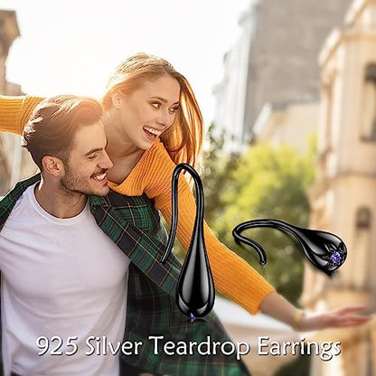 Pull Through Teardrop Dangle Earrings 925 Sterling Silver Simple Water Drop Earrings Birthday Mother's Day Christmas Gifts for Women - style: black teardrop earrings