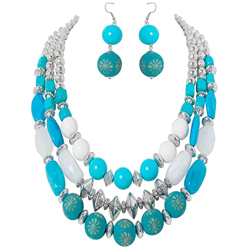 Bocar 3 Layer Chunky Statement Beaded Necklace and Earrings Set, Fashion Multi Layer Women Collar Necklace Jewelry Set - color: Cyan Blue-Silver