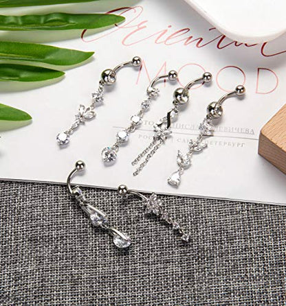 3-6PCS 14G 316L Stainless Steel Belly Button Rings for Women Navel Rings Barbell Dangle Flower CZ Body Piercing - color: D: 6 Pcs Silver-tone