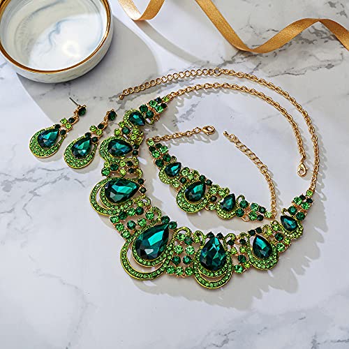 BriLove Women's Teardrop Crystal Statement Necklace Cluster Hollow Dangle Earrings Chain Bracelet Bib Jewellery Set for Wedding Bride Bridesmaid - color: Emerald Color Gold-Tone