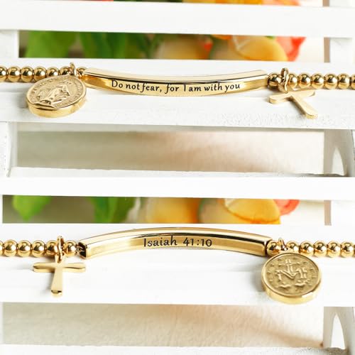 DS Inspirational Bracelet for Women Christian Engraved Bibler Verse Cross Butterfly Daisies Charm Bracelet, Exquisite Stainless Steel Jewelry Daughter Best Friend Bestie - style: Do not fear for,I am with you-Gold