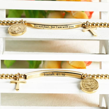 DS Inspirational Bracelet for Women Christian Engraved Bibler Verse Cross Butterfly Daisies Charm Bracelet, Exquisite Stainless Steel Jewelry Daughter Best Friend Bestie - style: Do not fear for,I am with you-Gold