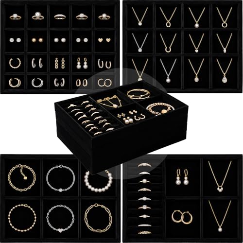 Unittype Set of 4 Stackable Jewelry Organizer Tray for Drawer Inserts Velvet Necklace Earring Bracelet Ring Holder Jewelry Display Storage Box for Bangle Stud Necklace Ring (Mixed Styles,Black) - color: Black, style: Mixed Styles