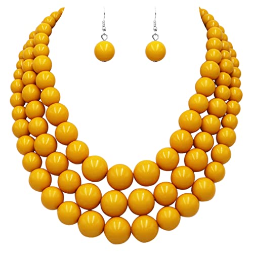 Rosemarie & Jubalee Women's 3 Colorful Multi Strands Simulated Pearl Necklace And Earrings Jewelry Gift Set, 18"+3" Extender - color: Mustard Yellow Silver Tone