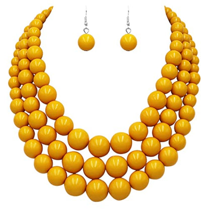 Rosemarie & Jubalee Women's 3 Colorful Multi Strands Simulated Pearl Necklace And Earrings Jewelry Gift Set, 18"+3" Extender - color: Mustard Yellow Silver Tone