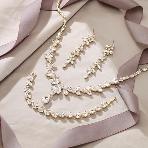 EVER FAITH Marquise Crystal Leaf Bridal Prom Jewelry Set for Women Bride | Rhinestone Wedding Party Necklace Dangle Earrings Tennis Bracelet, for Bridesmaid - color: Clear Gold -Plated-Base
