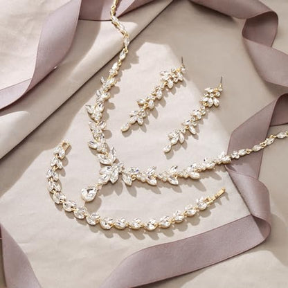 EVER FAITH Marquise Crystal Leaf Bridal Prom Jewelry Set for Women Bride | Rhinestone Wedding Party Necklace Dangle Earrings Tennis Bracelet, for Bridesmaid - color: Clear Gold -Plated-Base