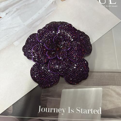 Rhinestone Flower Brooch Pin for Women Men Elegant Sparkly Crystal Camellia Floral Lapel Pins Shawl Dress Suit Clothes Accessories Wedding Party Fashion Jewelry 105mm - color: Purple